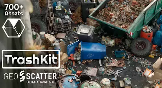 Blender插件-700种垃圾堆废品纸箱瓶子塑料袋罐子3D模型资产预设库 Trash Kit – 3D Assetkit