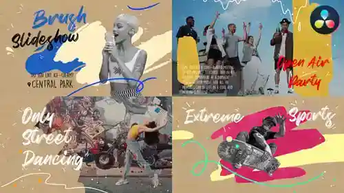 照片和视频的动态画笔描边幻灯片,片头英尺。刷和幻灯片达芬奇模板
