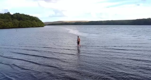 男子在海上浅水中行走视频素材插图