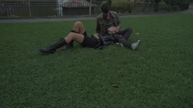 一个男人在草坪上轻轻抚摸他的女朋友视频素材插图