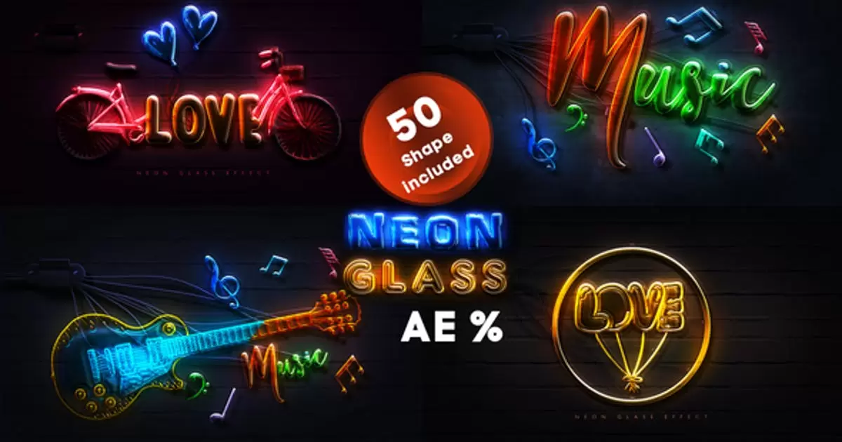 霓虹玻璃发光符号logo图标AE模版Neon Glass