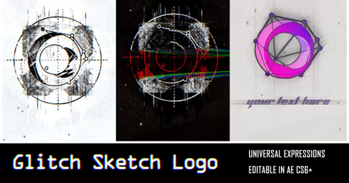 手绘设计师logo草图标志AE模版Glitch Sketch Logo插图