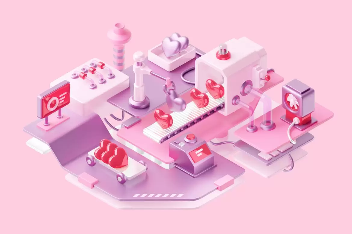 高品质的3D立体情人节爱心工厂场景插图2