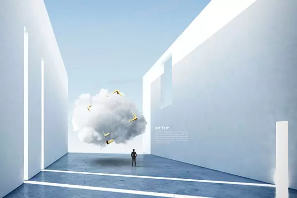 云朵&高墙抽象空间海报背景素材 (psd)免费下载