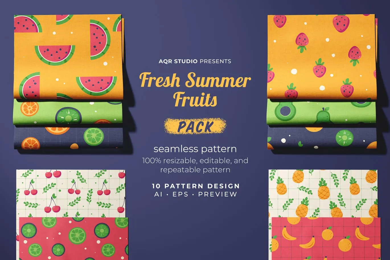 时尚新鲜的可爱夏季水果矢量无缝背景底纹纹理集合-AI，EPS，PNG插图