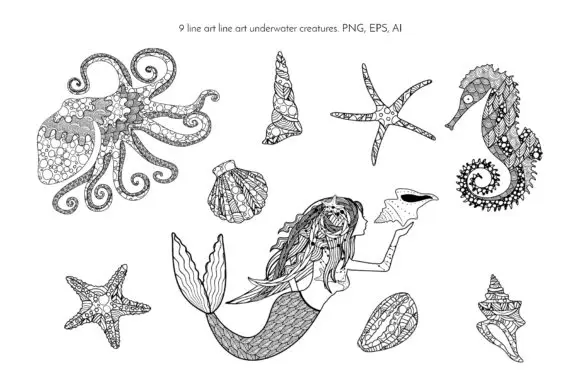 复古海洋生物元素矢量无缝图案背景素材插图
