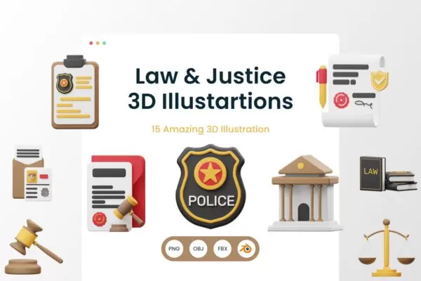 法律与正义3D渲染插图图标 (PNG)免费下载