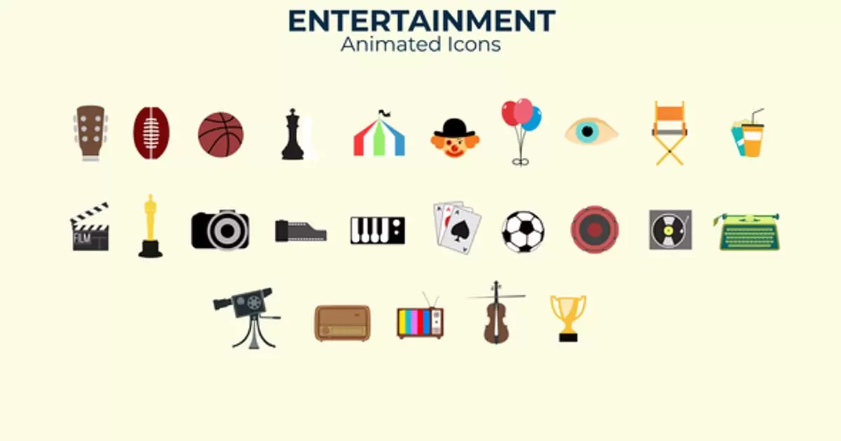 娱乐平面设计图标AE视频模版Entertainment Flat Design Icons