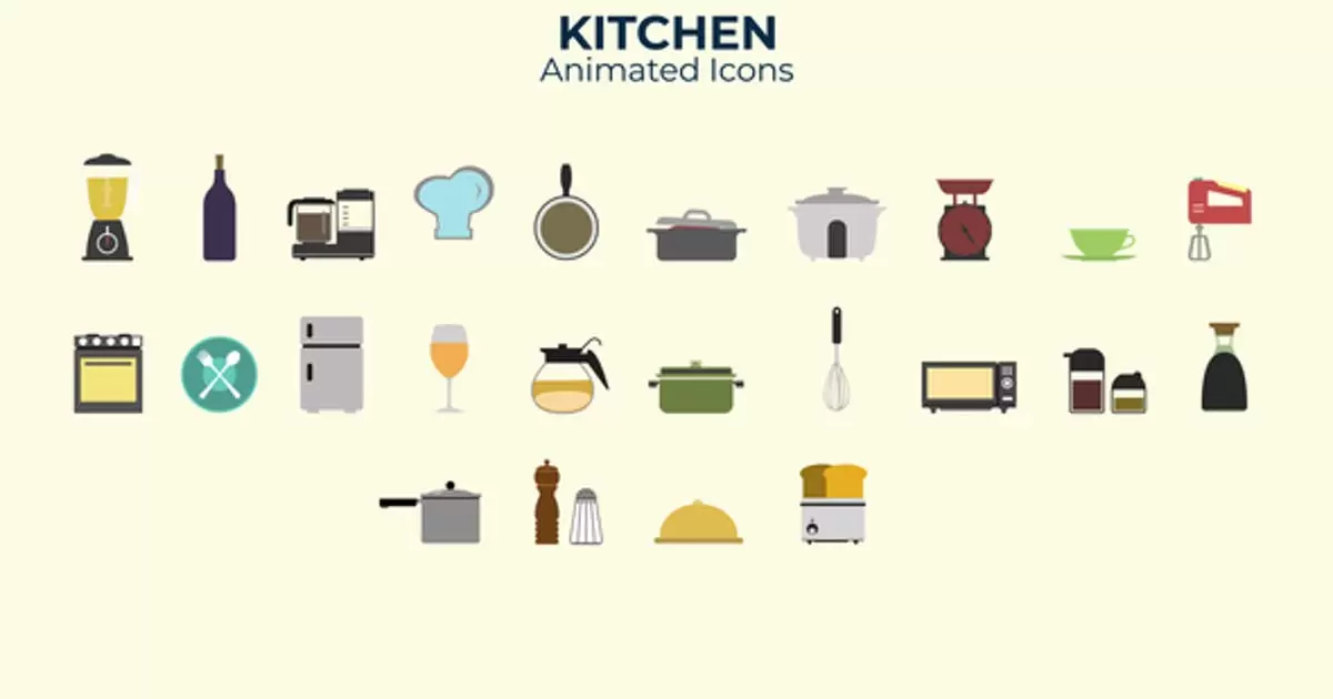 厨房平面设计图标AE视频模版Kitchen Flat Design Icons