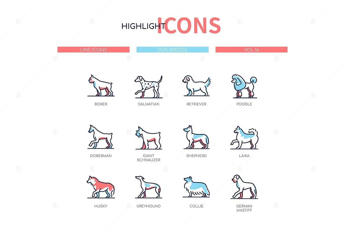 ICONS | 矢量现代线条设计风格宠物狗类雪纳瑞贵宾犬猎犬牧羊犬莱卡图标插图