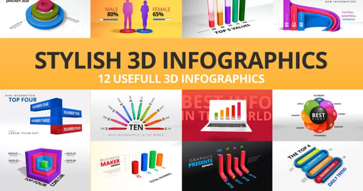时尚的3D信息图AE视频模版Stylish 3D Infographics插图