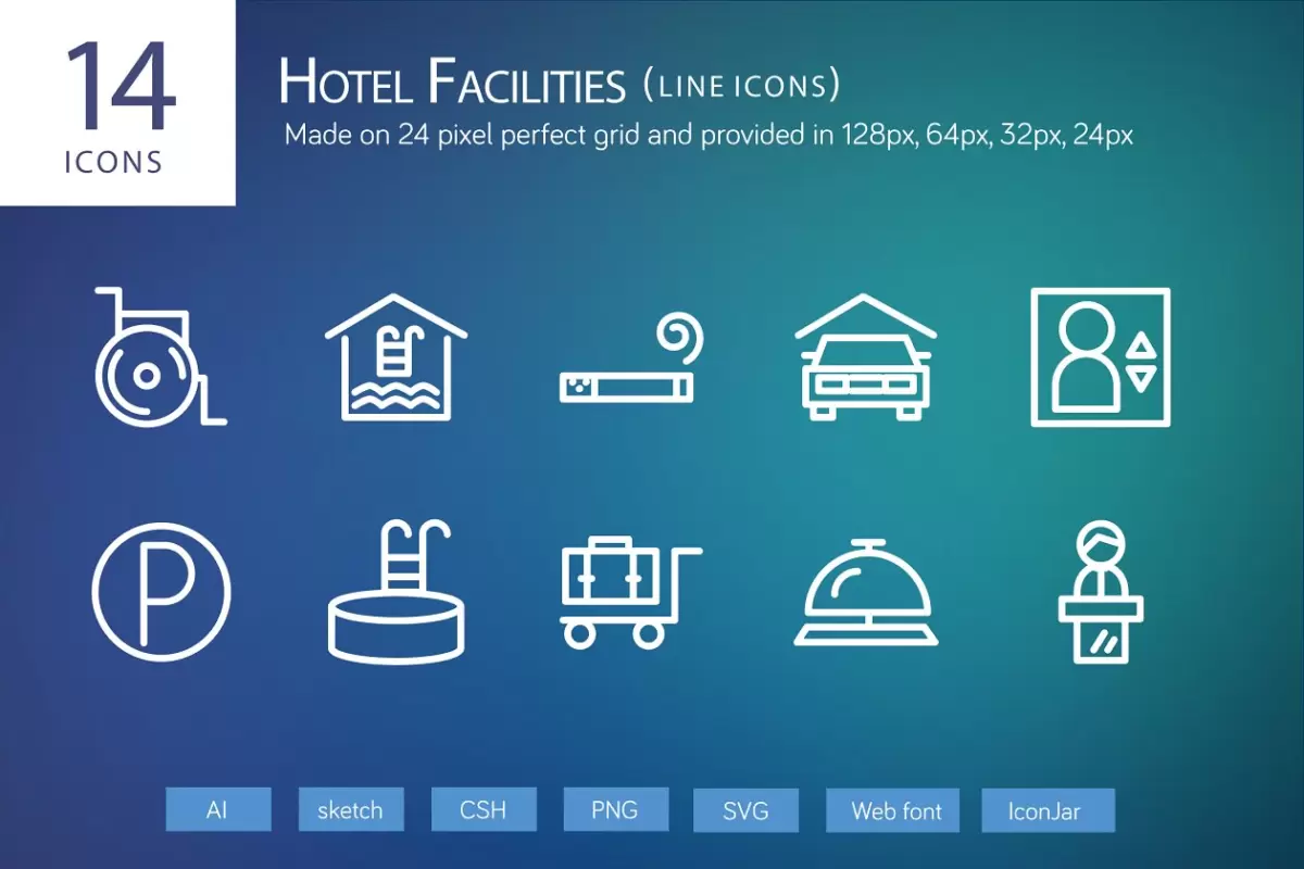 14个酒店设施图标 14 Hotel Facilities Line Icons免费下载