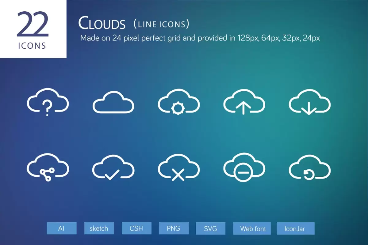 云存储矢量图标素材 22 Clouds Line Icons免费下载