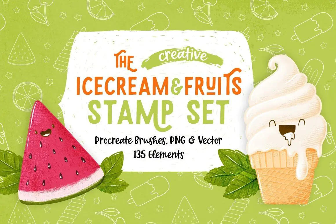 创意冰淇淋和水果图案Procreate笔刷素材 (brushset,ai,eps)插图