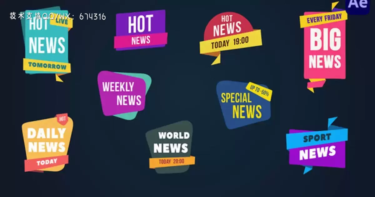 彩色演讲新闻泡泡/徽章特效标签AE视频模版Colorful Speech & News Bubbles/Badges [After Effects]