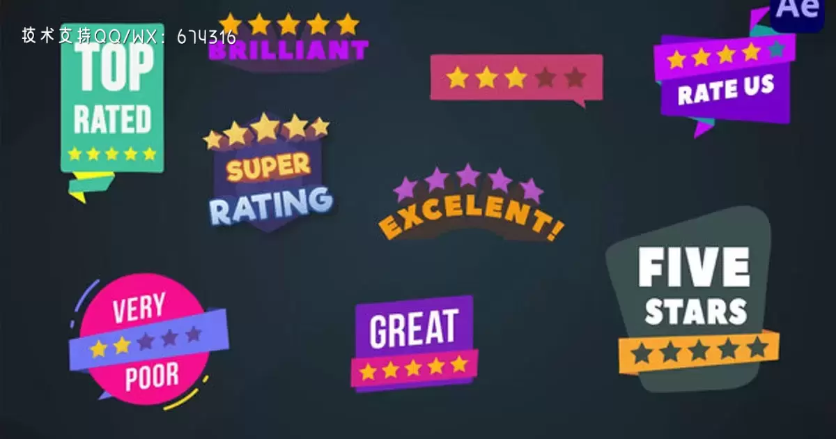 五星评级徽章动画图标AE视频模版Five Stars Rating Badges [After Effects]插图