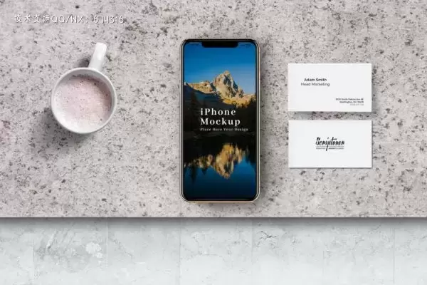 大理石板智能iPhone手机和名片样机 (PSD)免费下载