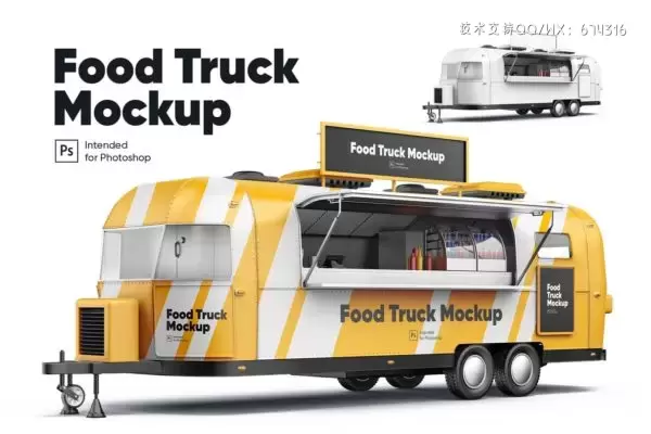 高品质的时尚高端食品卡车快餐车车体广告设计VI样机展示模型mockups免费下载