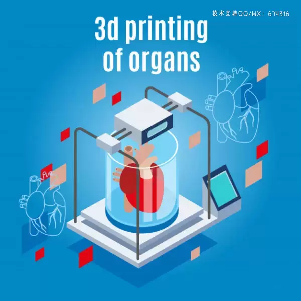 未来医学人工心脏背景 Medicine of the future isometric background composition with realistic 3d printer and human heart Vector免费下载