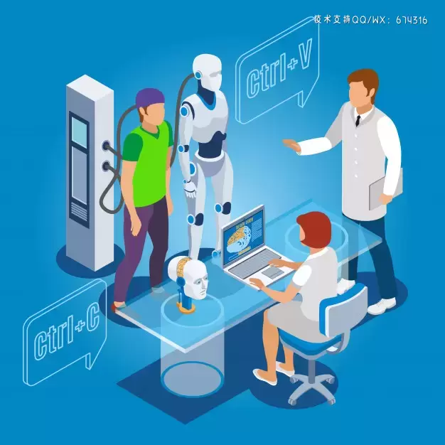 2.5D机器人身份复制科幻插画 Human identity being copied to droid with computer and health professionals Vector插图