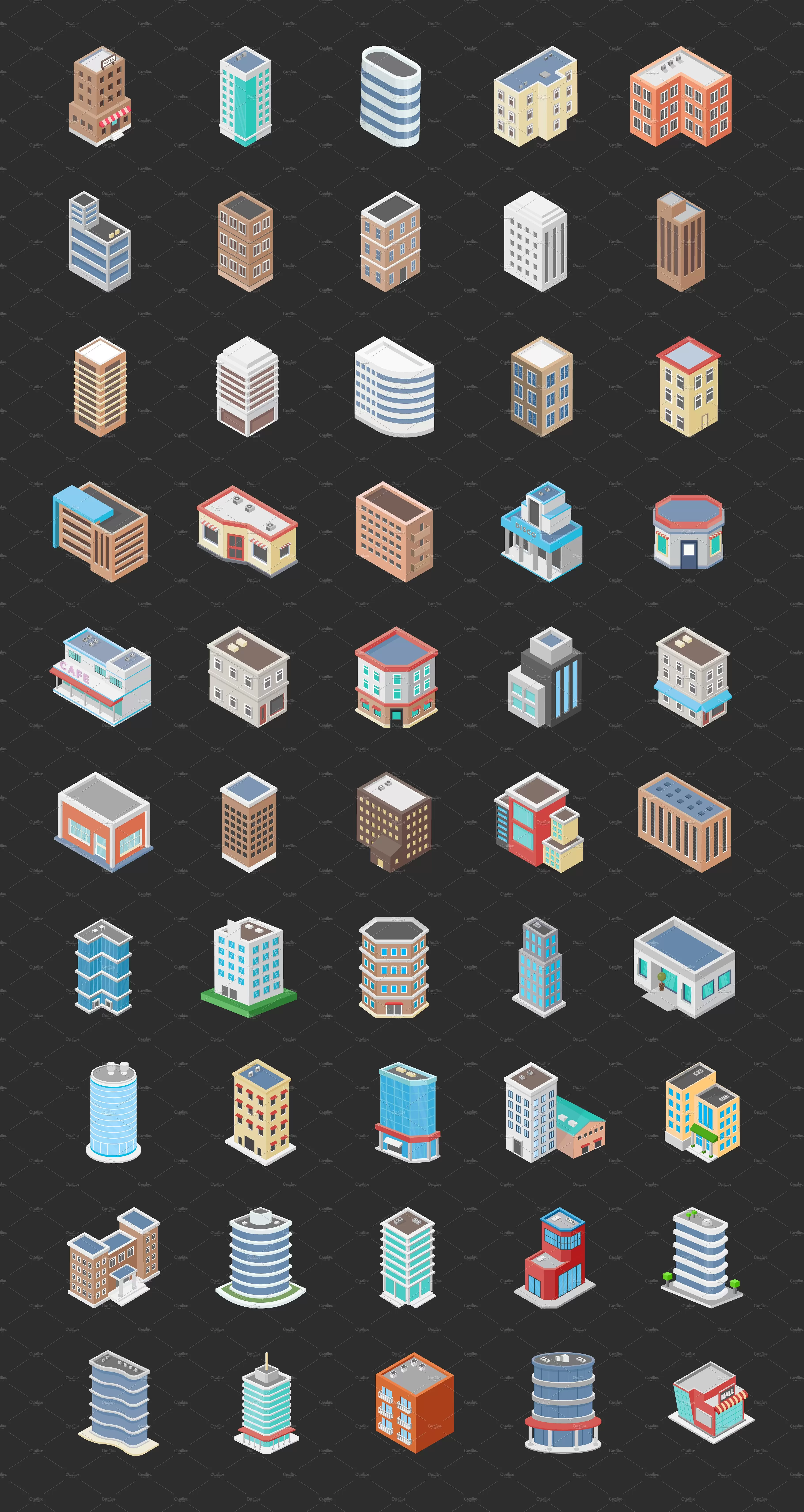 2.5D.建筑矢量插画 50 Isometric Building Icons插图1