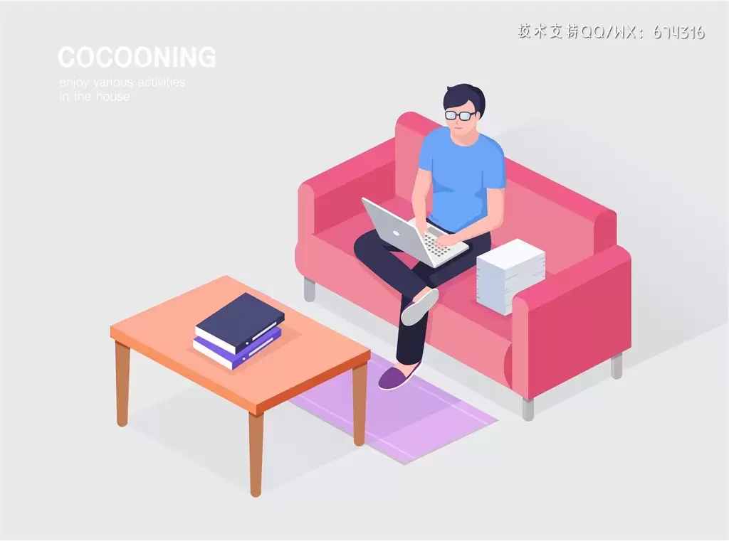 2.5D插画 | 桌子书本沙发笔记本电脑居家男女科技插图插画设计AI矢量素材插图5