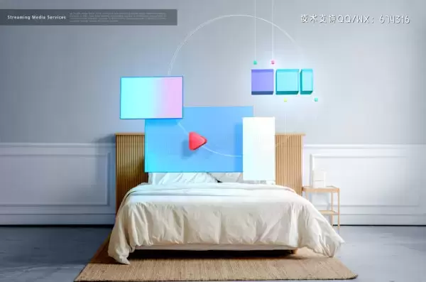 卧室房间屏幕显示流媒体服务海报设计模板 (psd)免费下载