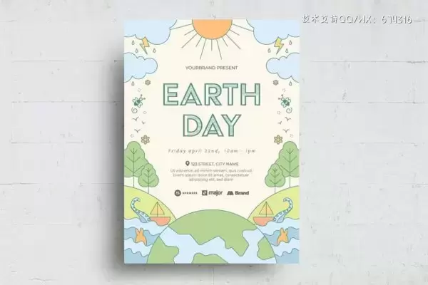 时尚高端清新简约可爱的地球日环保海报设计模板-AI,PSD免费下载