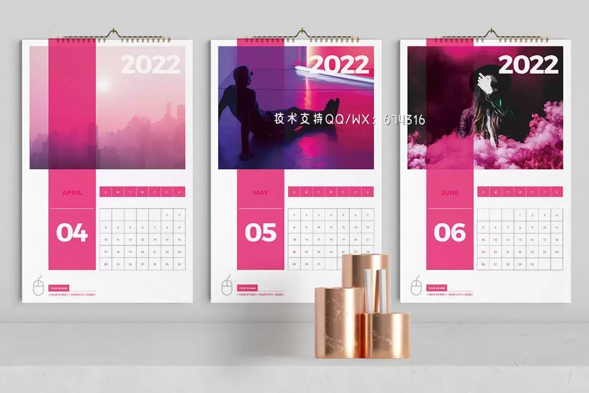 高品质的2022年粉色配色台历挂历日历设计模板插图2
