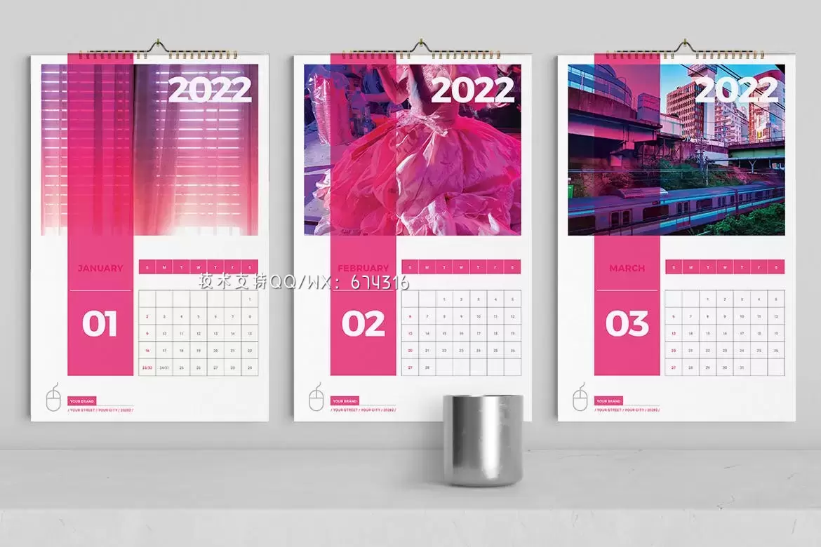 高品质的2022年粉色配色台历挂历日历设计模板插图1