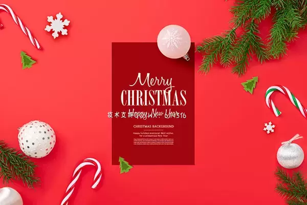 圣诞装饰挂件红色背景海报设计素材 (psd)免费下载