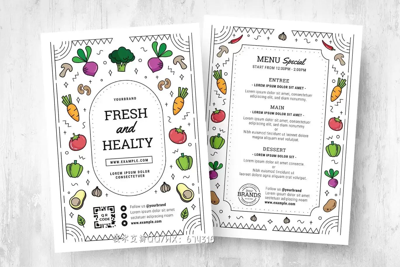 时尚高端简约清新可爱风格素食菜单菜谱海报设计模板-AI，PSD插图