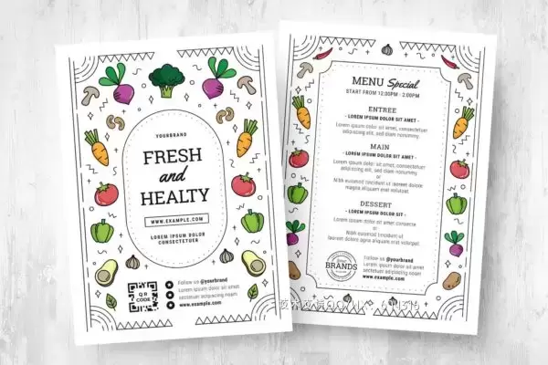 时尚高端简约清新可爱风格素食菜单菜谱海报设计模板-AI，PSD免费下载