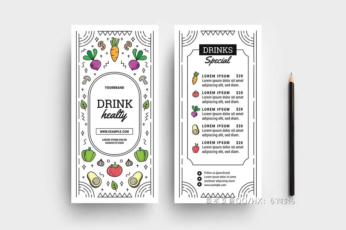 时尚高端简约清新可爱风格素食菜单菜谱海报设计模板-AI，PSD插图1
