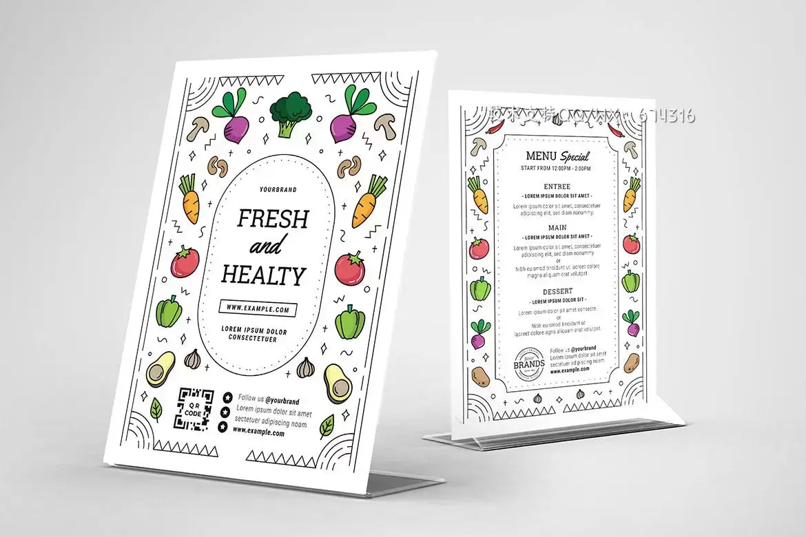 时尚高端简约清新可爱风格素食菜单菜谱海报设计模板-AI，PSD插图6
