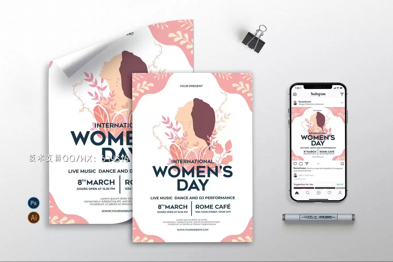 简约清新简约38妇女节母亲节海报设计模板-AI，EPS，PSD插图