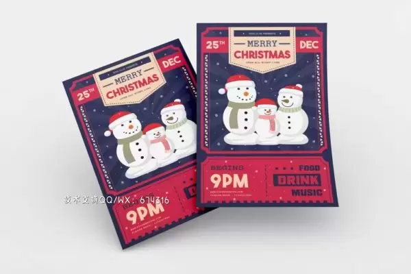雪人家庭圣诞快乐派对传单海报模板 (AI,EPS,JPG,PNG)免费下载
