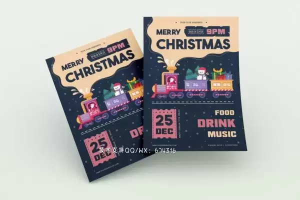 火车圣诞老人圣诞派对海报传单 (AI,EPS,JPG,PNG)免费下载