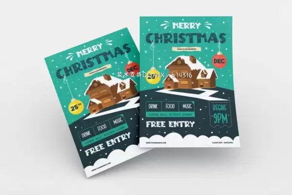 雪房子圣诞主题海报传单模板 (AI,EPS,JPG,PNG)免费下载