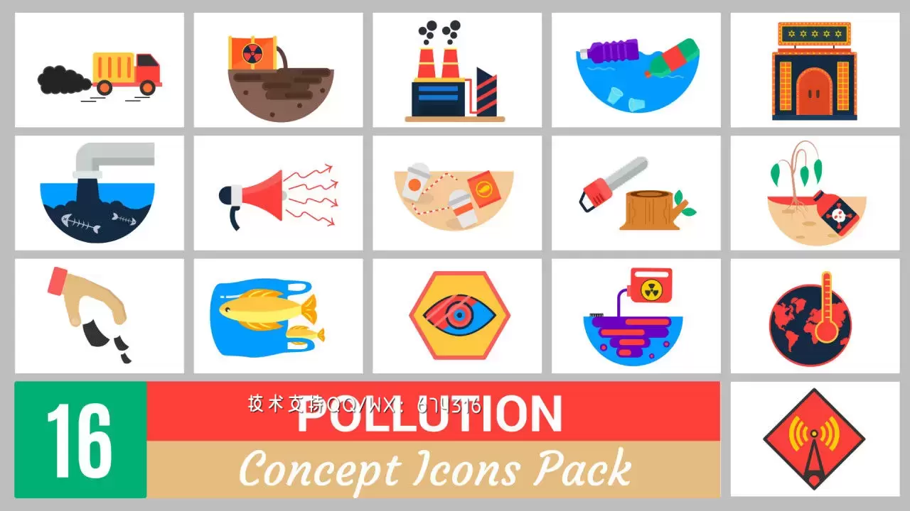 16个污染概念图标包AE模板视频下载(含音频)插图