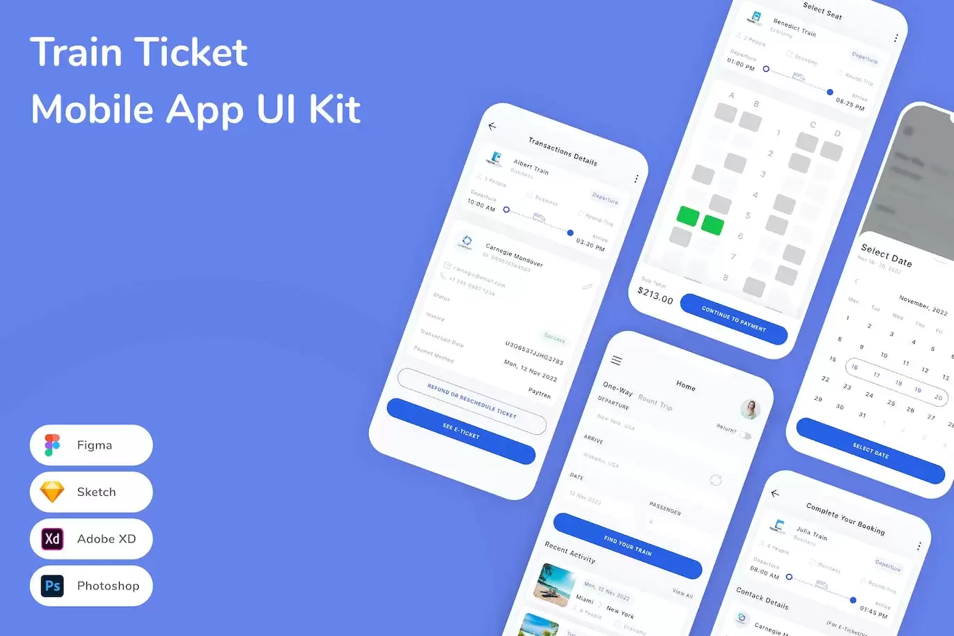 火车票移动应用APP UI KIT (FIG,PSD,SKETCH,XD)免费下载