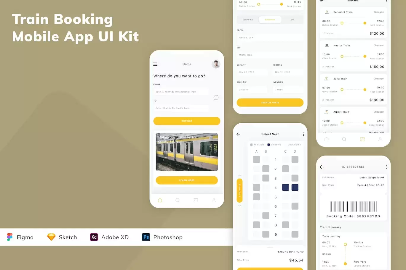 火车预订移动应用 APP UI KIT (FIG,PSD,SKETCH,XD)免费下载