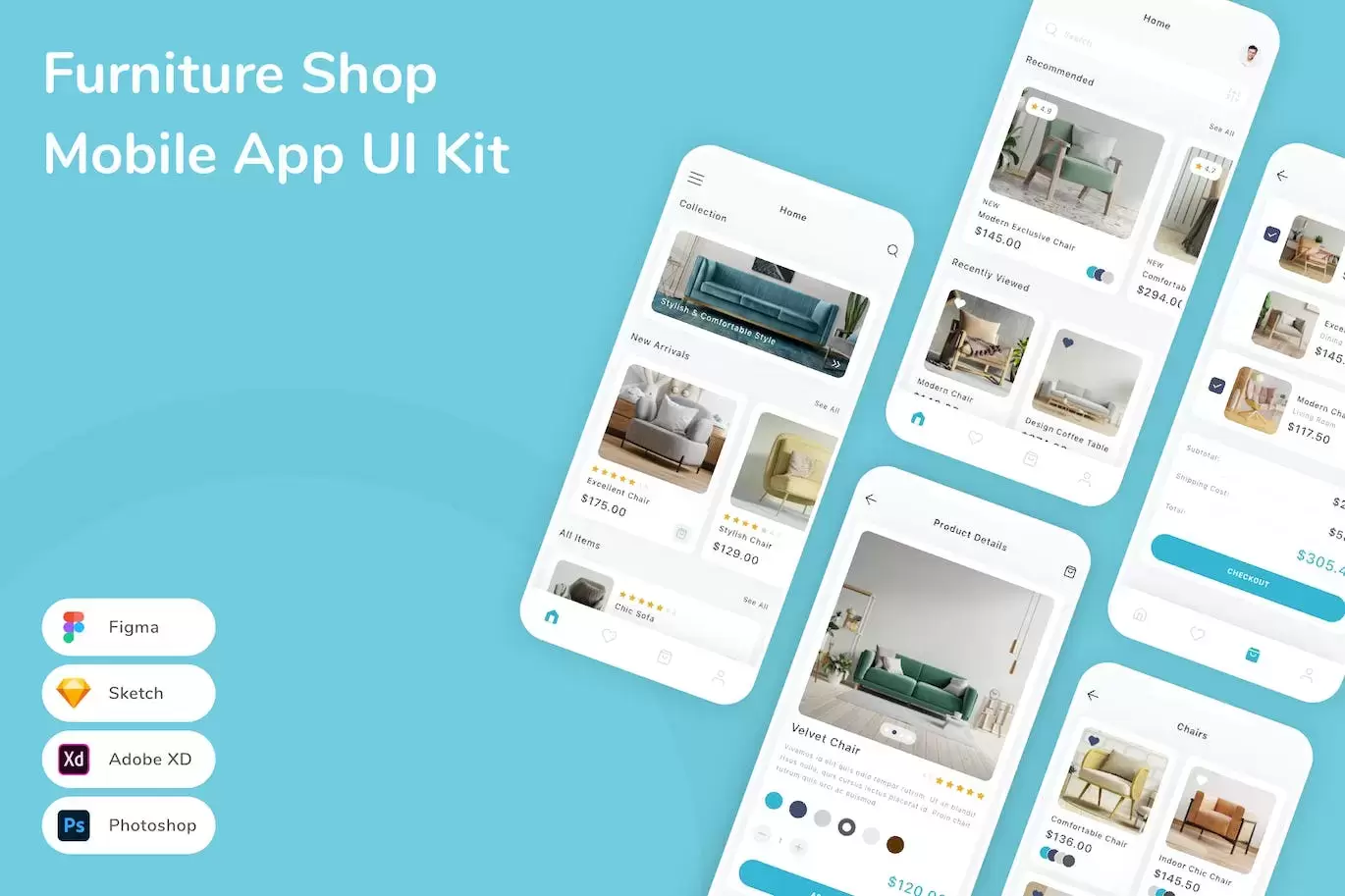 家具店移动应用 APP UI KIT (FIG,PSD,SKETCH,XD)免费下载