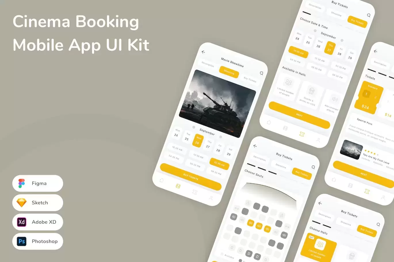 影院预订移动应用 APP UI KIT (FIG,PSD,SKETCH,XD)免费下载