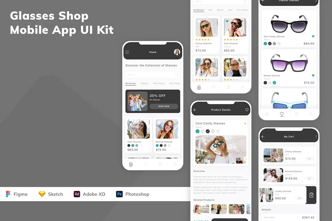 眼镜店移动应用 APP UI KIT (FIG,PSD,SKETCH,XD)免费下载