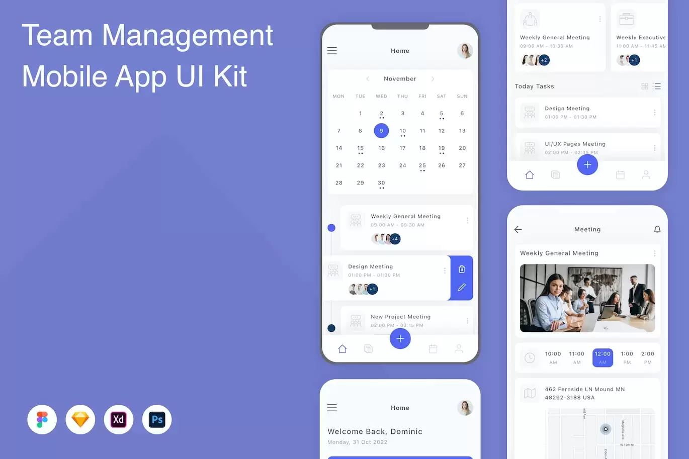 团队管理移动应用 APP UI KIT (FIG,PSD,SKETCH,XD)免费下载