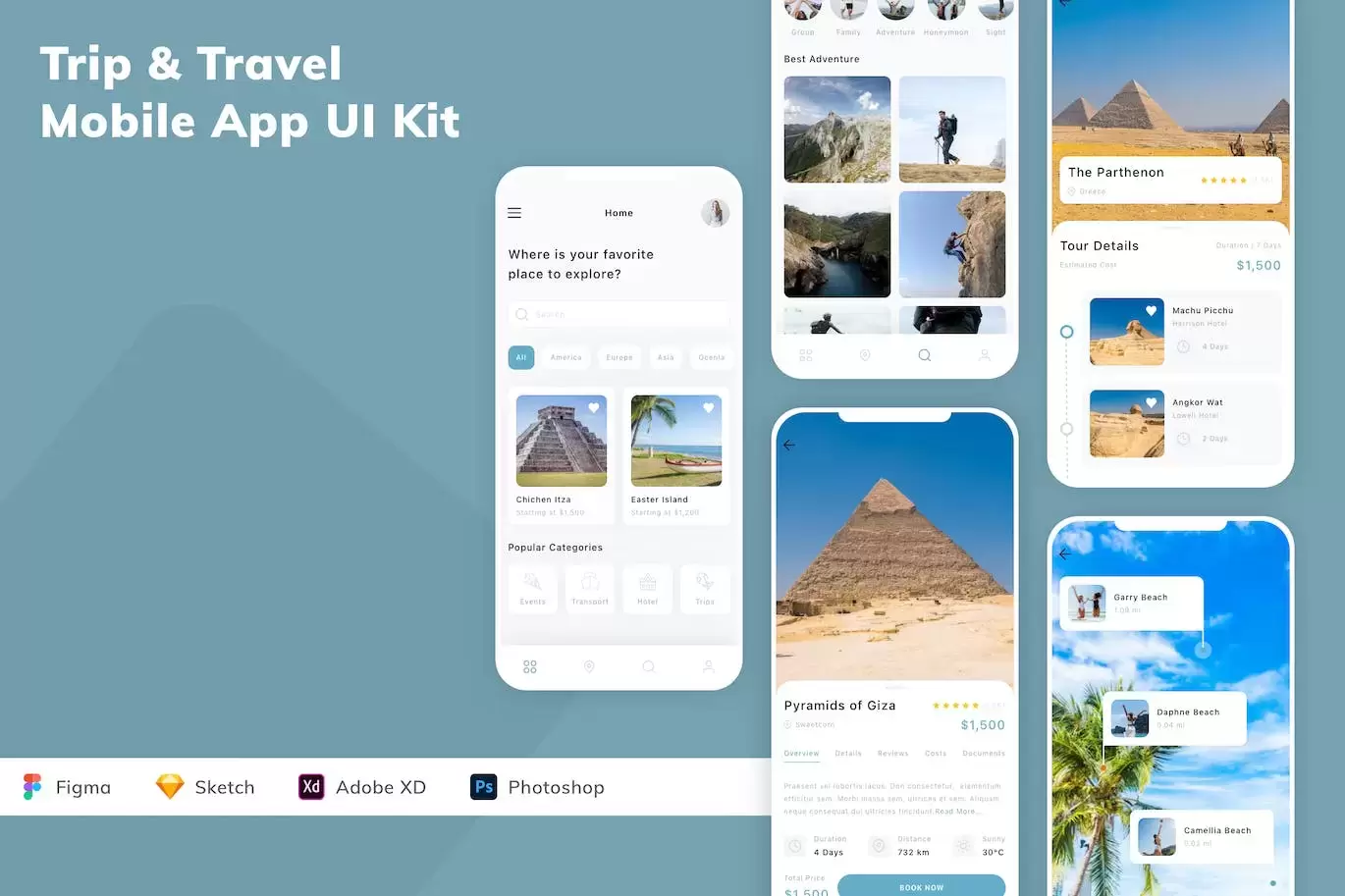 旅行和旅行移动应用 APP UI KIT (FIG,SKETCH,PSD,XD)免费下载