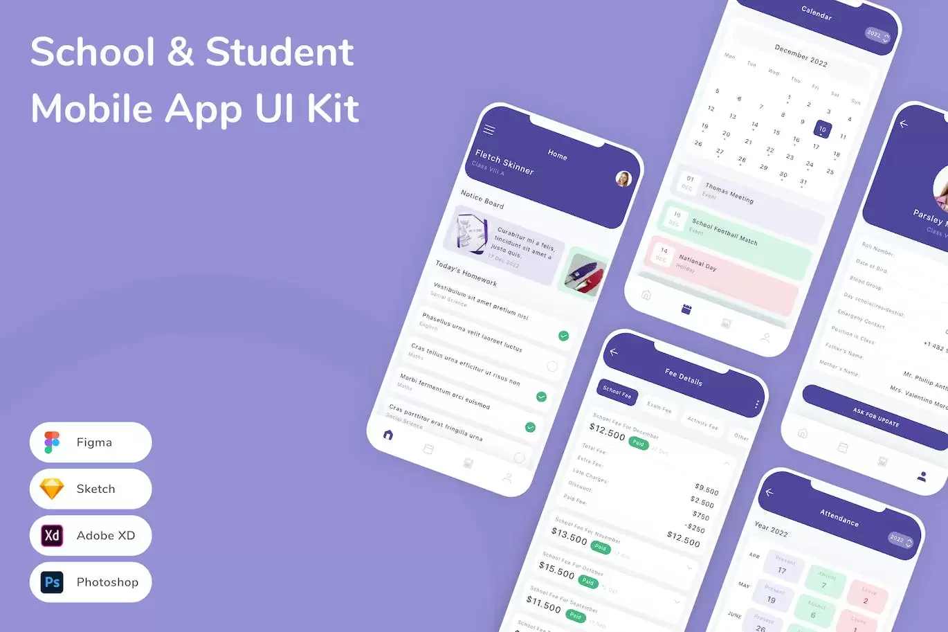 学校和学生移动应用APP UI KIT (FIG,PSD,SKETCH,XD)免费下载