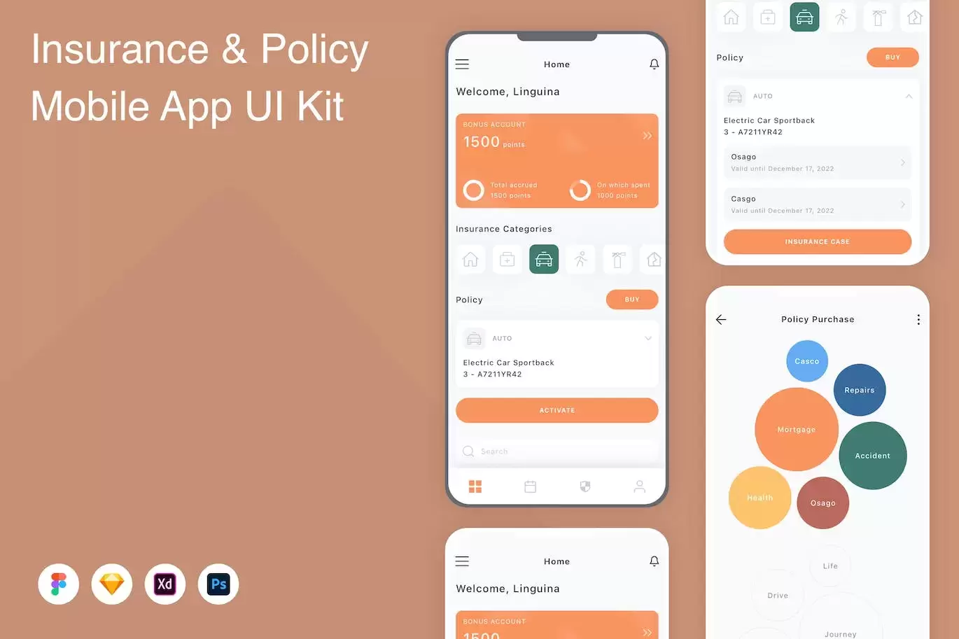 保险和保单移动应用 App UI Kit (FIG,PSD,SKETCH,XD)免费下载