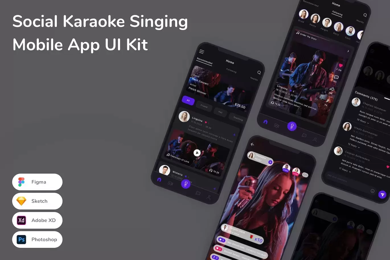 社交卡拉OK演唱手机应用 App UI Kit (FIG,PSD,SKETCH,XD)免费下载